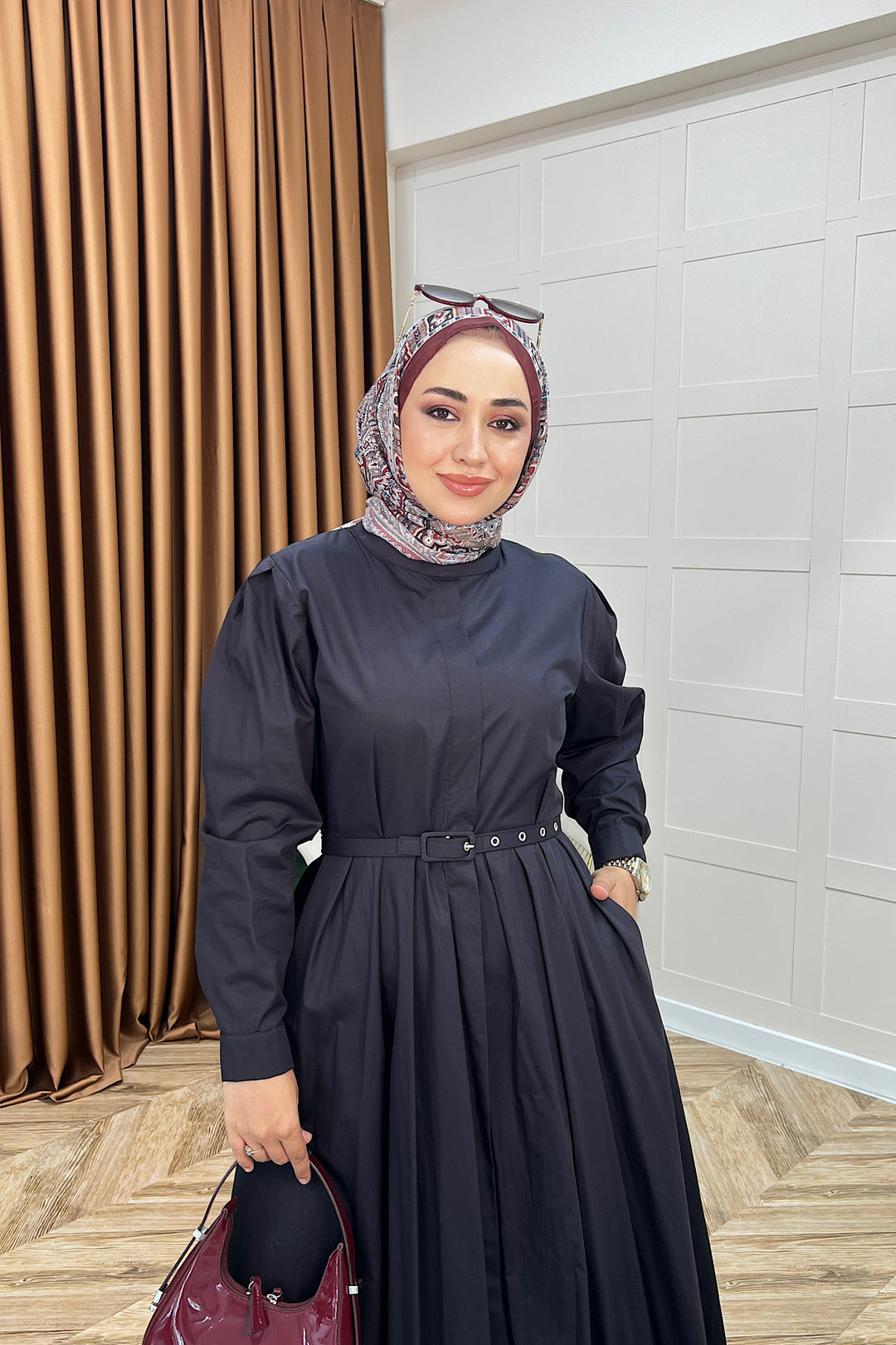 Elvin Belden Pileli Elbise Siyah 2656-SIYAH