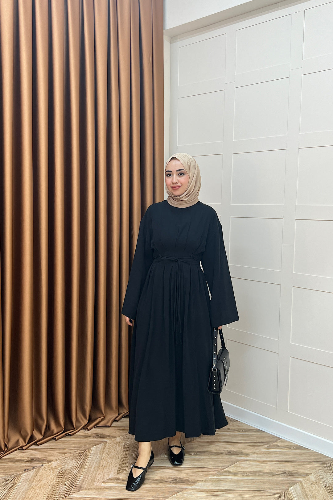 Belden Bağlamalı Cupra Elbise Siyah 5013-SIYAH