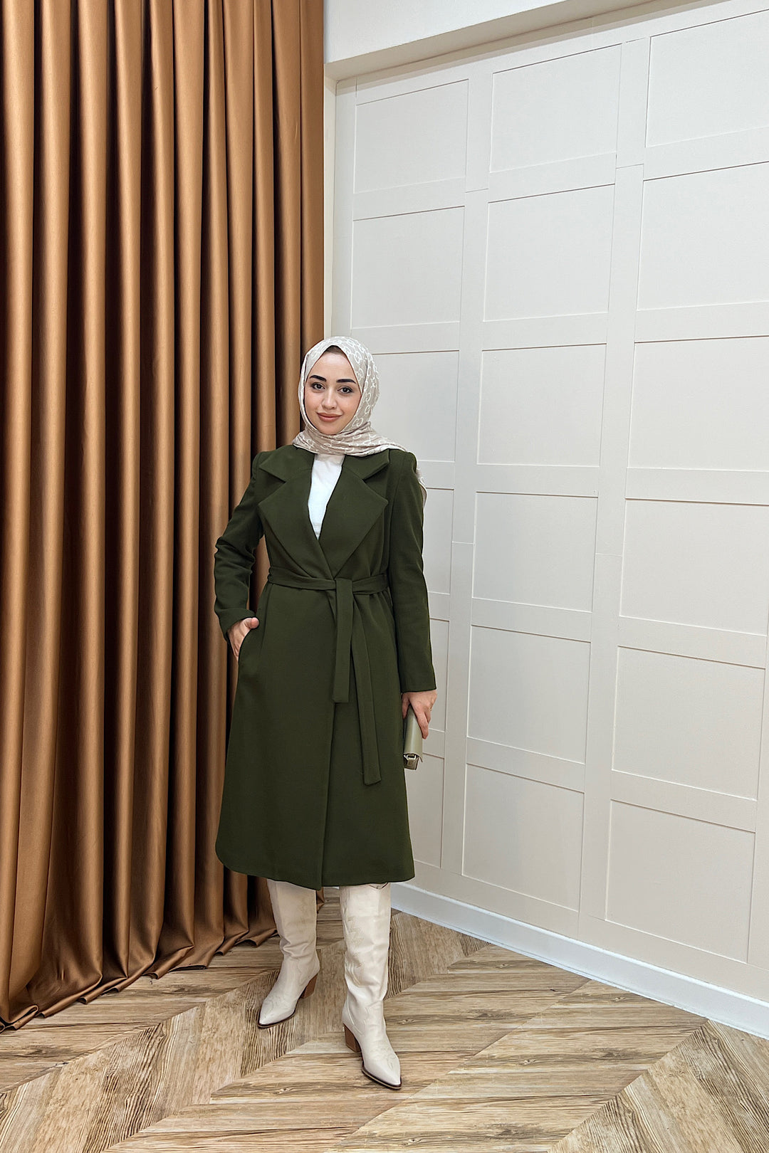 Premium Kuşaklı Kaşe Kaban Haki 5510-HAKI