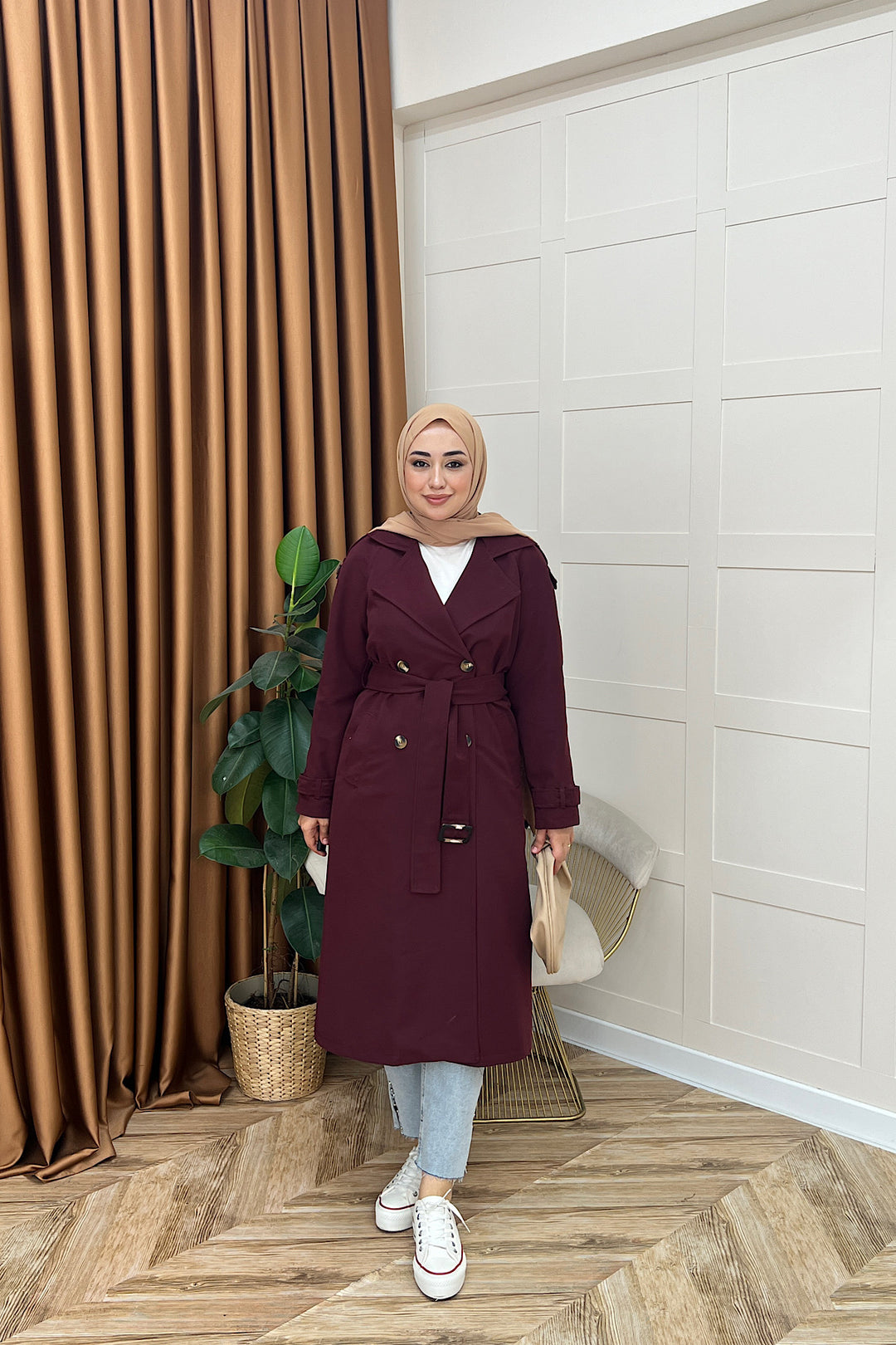 Pamella Kuşaklı Trençkot Bordo 5533-BORDO