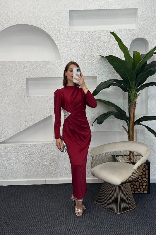 Yanı Taşlı Saten Abiye Bordo 04898-BORDO