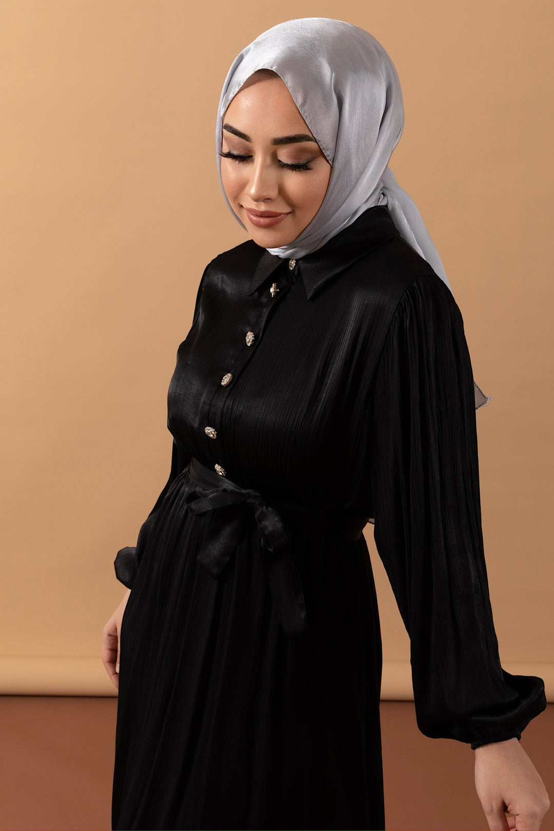 Belden Lastikli Yarım Düğme Elbise Siyah 9591-SIYAH