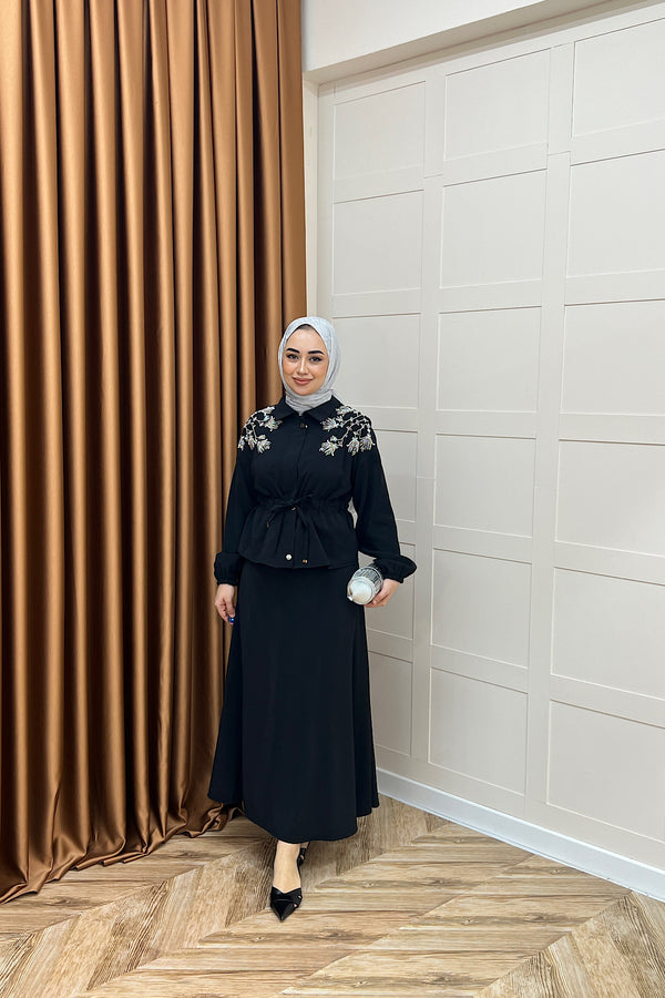 Laura Taş İşlemeli Etek Takım Siyah 02969-SIYAH