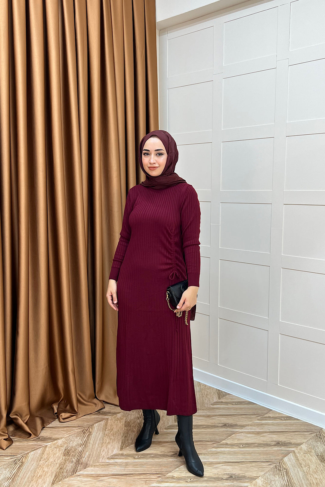 Yandan Büzgülü Triko Elbise Bordo 24870-BORDO