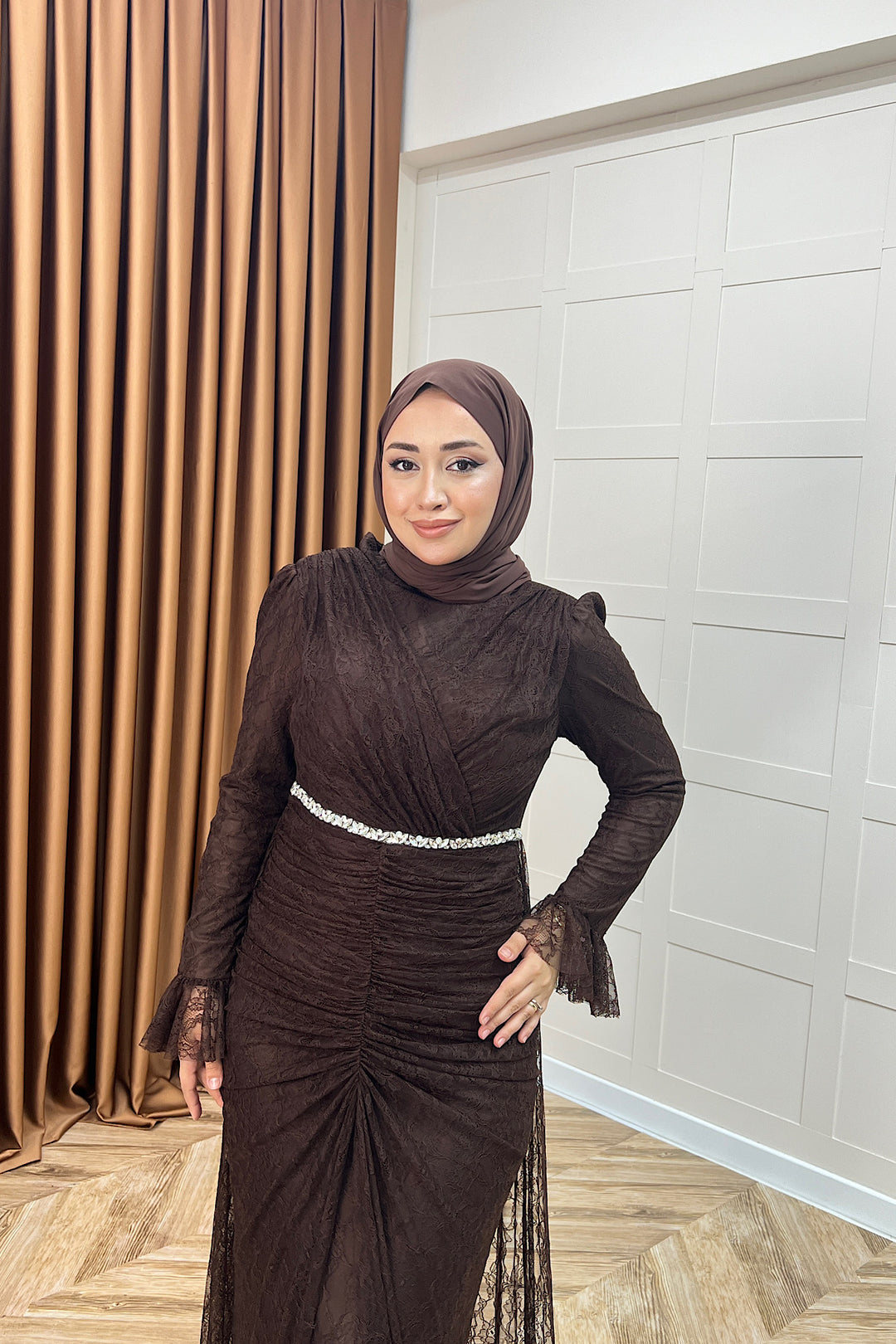 Sofia Taş Detay Dantel Abiye Kahverengi 3108-KAHVERENGI