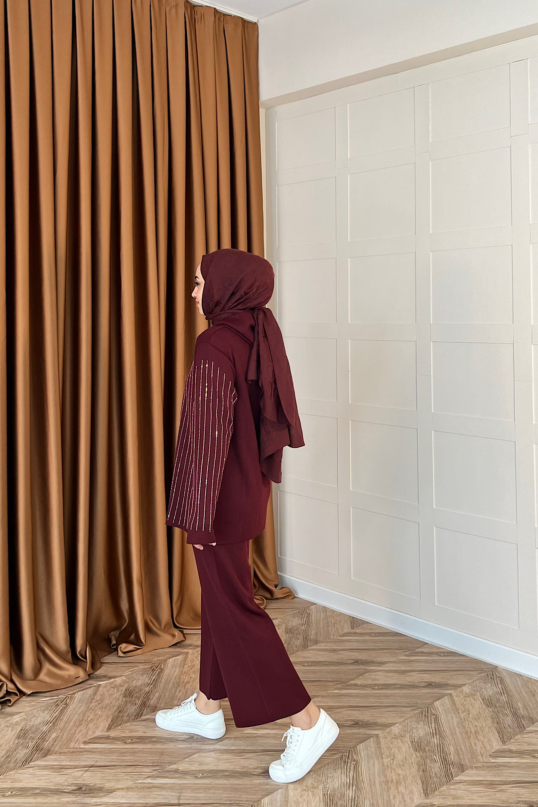 Eros Kapüşonlu Taşlı Triko Takım Bordo 25340-BORDO