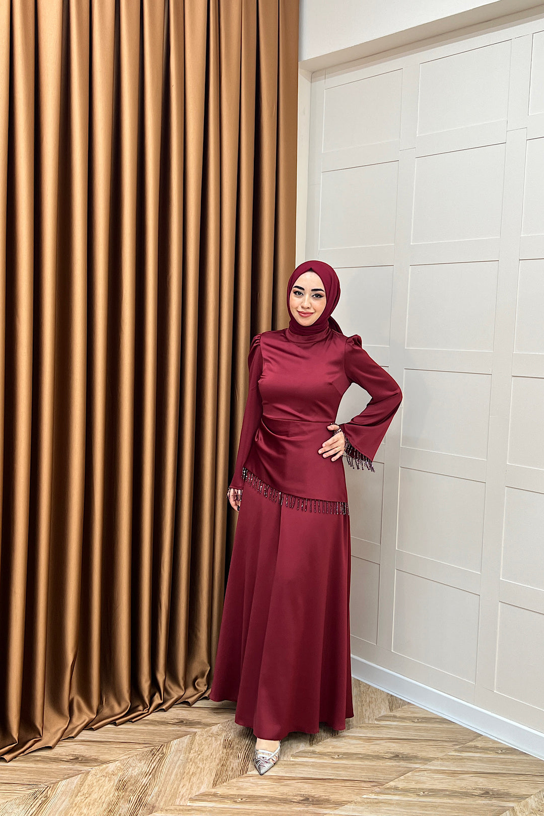 Ayla Saten Abiye Bordo 3093-BORDO