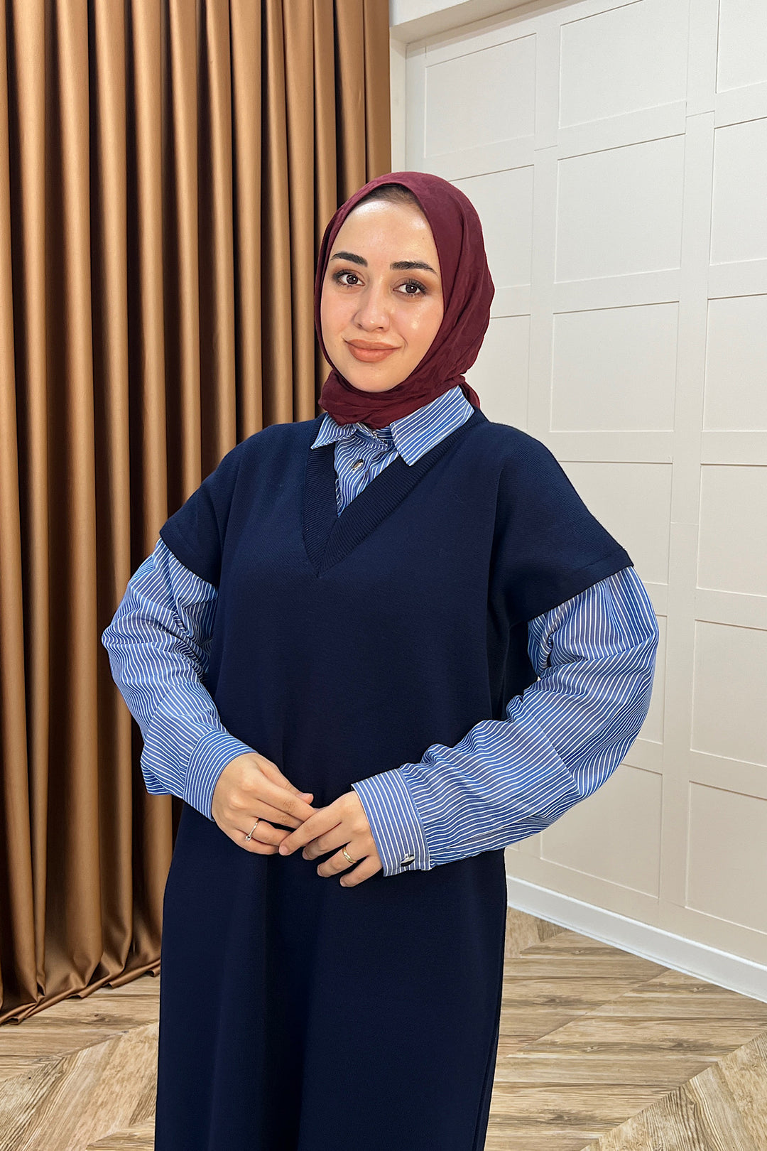 Samira Gömlek Detaylı Triko Elbise Lacivert 241110-LACIVERT