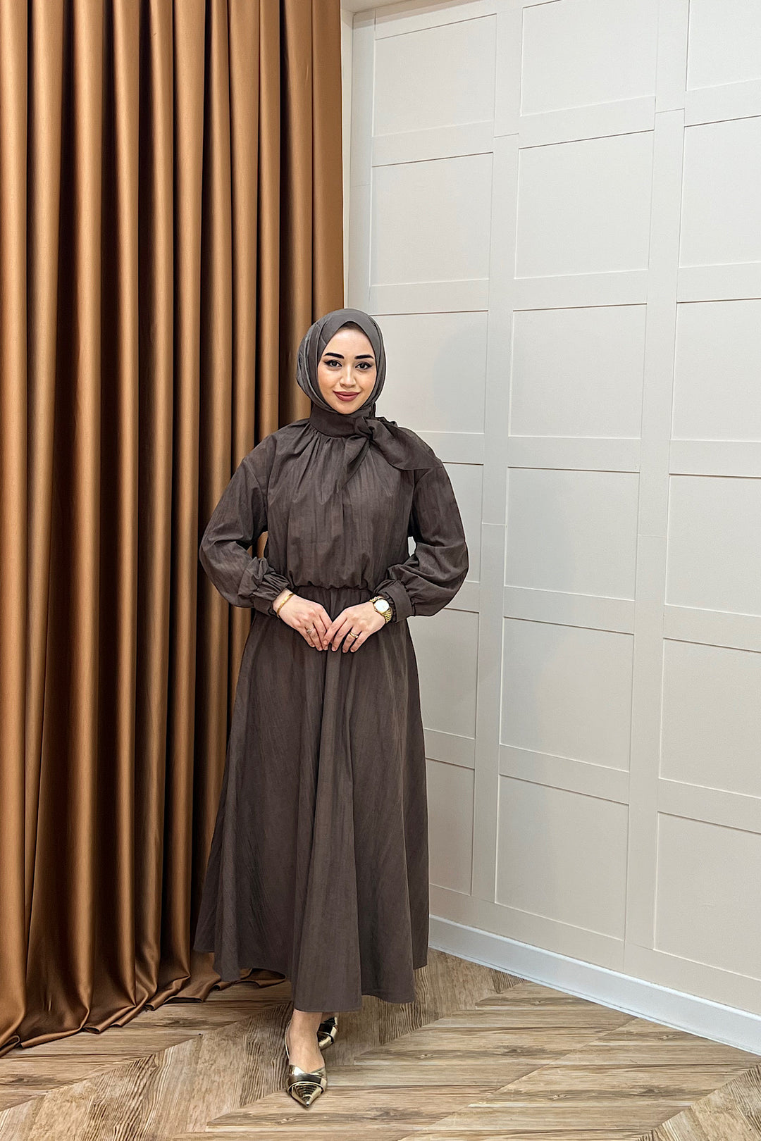 Luna Yaka Fularlı Etek Takım Kahverengi 3183-KAHVERENGI