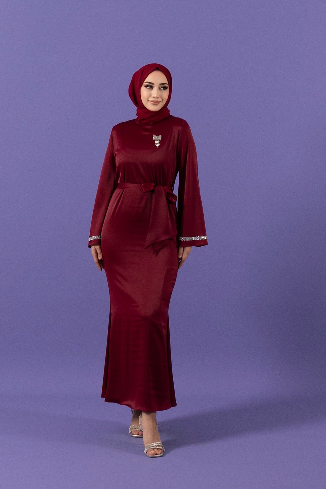 Kolları Taş Detay Saten Abiye Bordo 3011-BORDO
