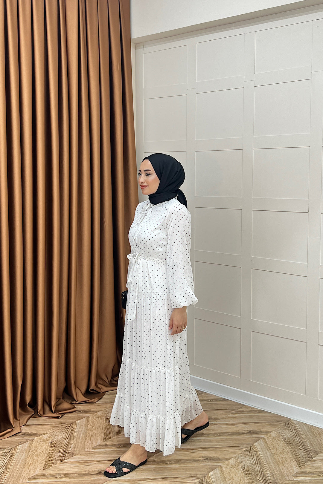 Lea Puantiyeli Şifon Elbise Beyaz 03036-BEYAZ