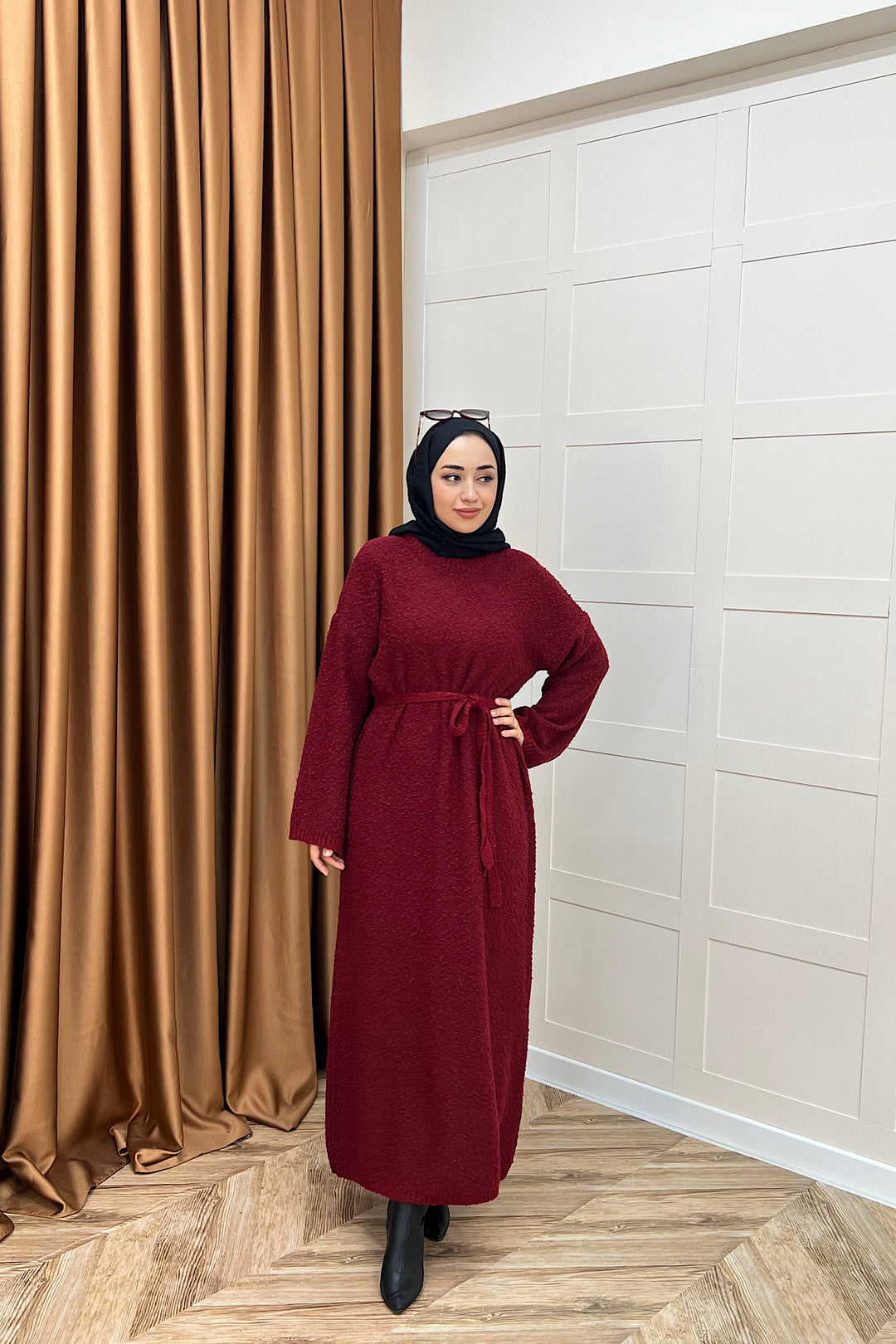 Yumoş Sim Karışımlı Salaş Triko Elbise Bordo 252500-BORDO