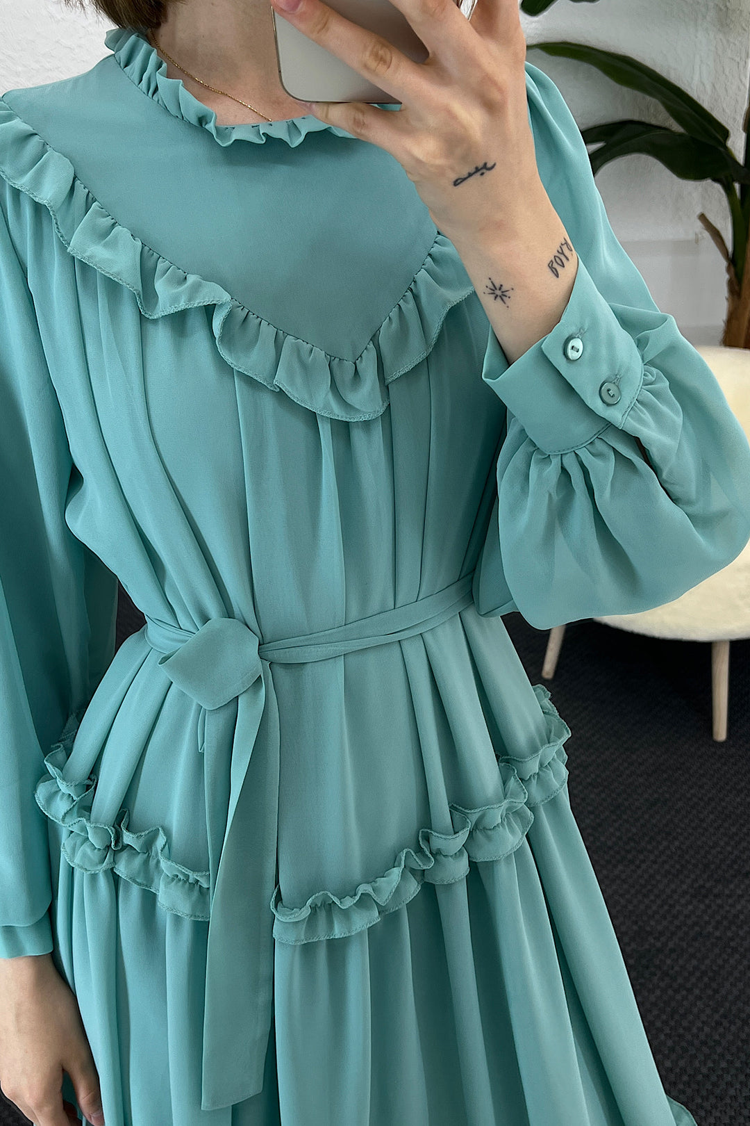 Lowel Fırfır Detay Elbise Mint Mavisi 3058-MINTMAVISI
