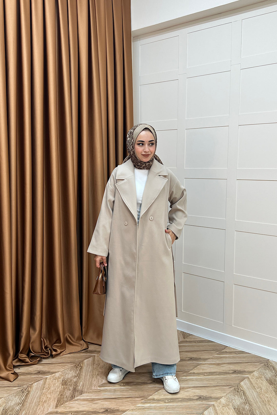 Retro Premium Kumaş Uzun Kaşe Kaban Taş 5509-TAS