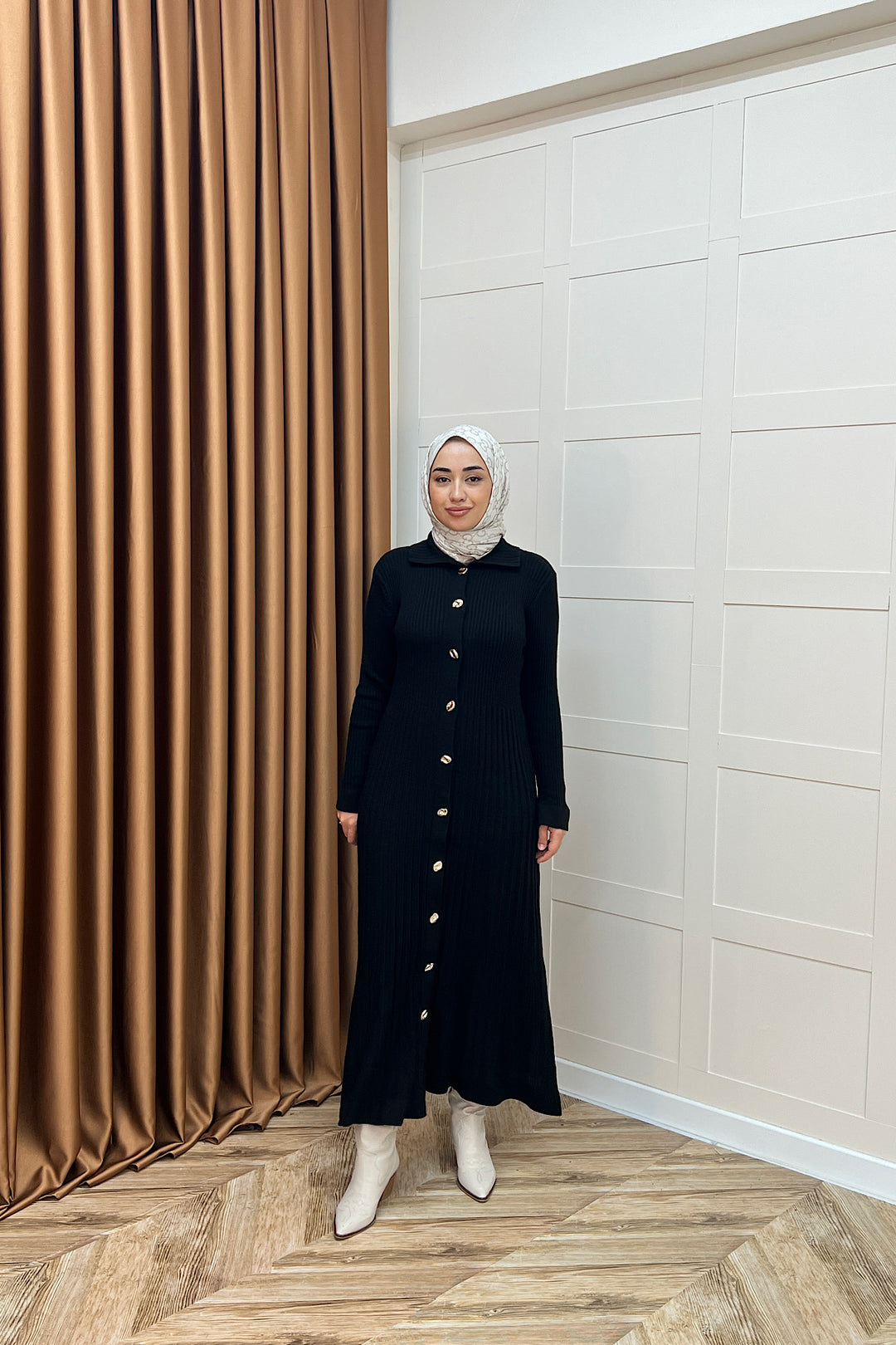 Endam Düğmeli Triko Elbise Siyah 10201-SIYAH