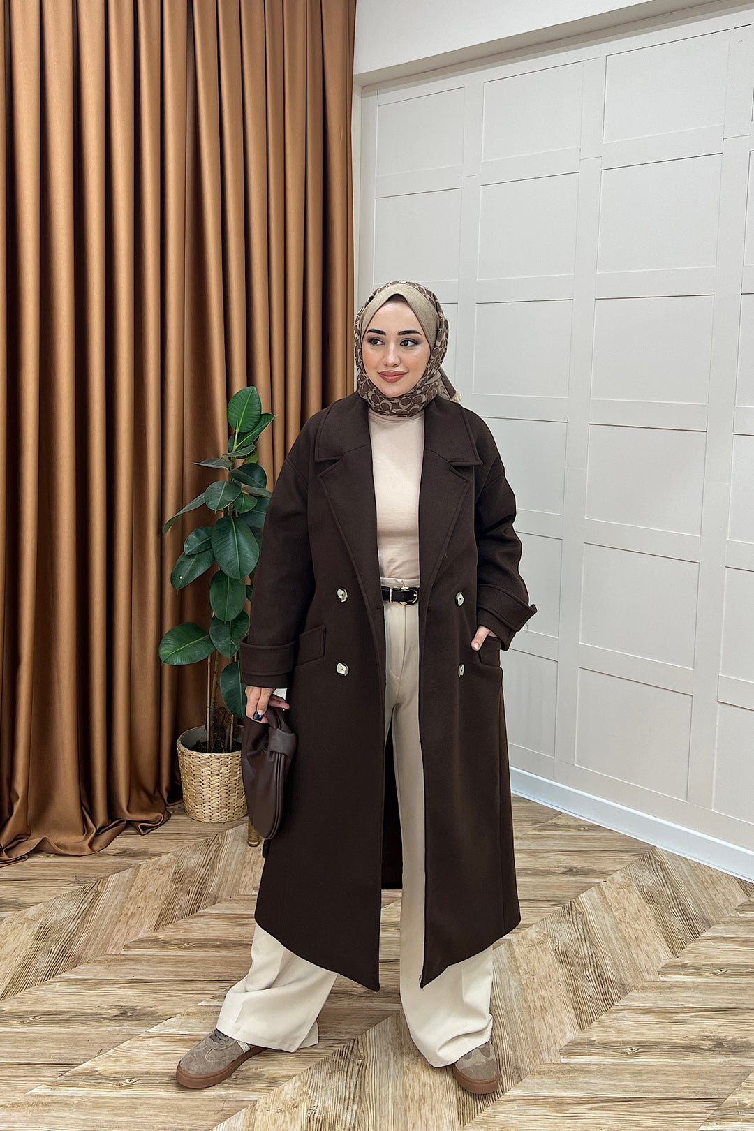 Lara Kuşaklı Kaşe Kaban Kahverengi 5541-KAHVERENGI