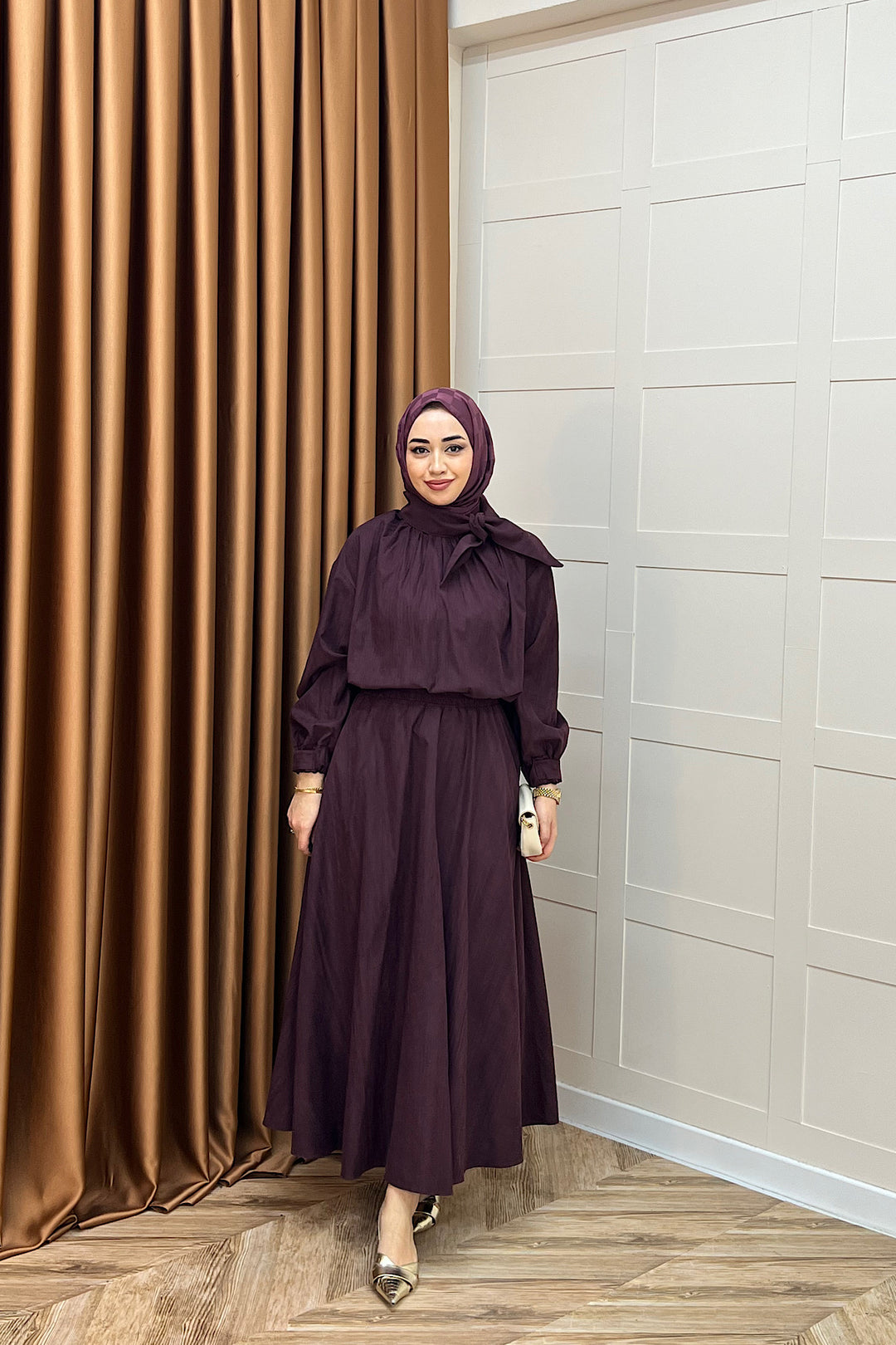 Luna Yaka Fularlı Etek Takım Mürdüm 3183-MURDUM