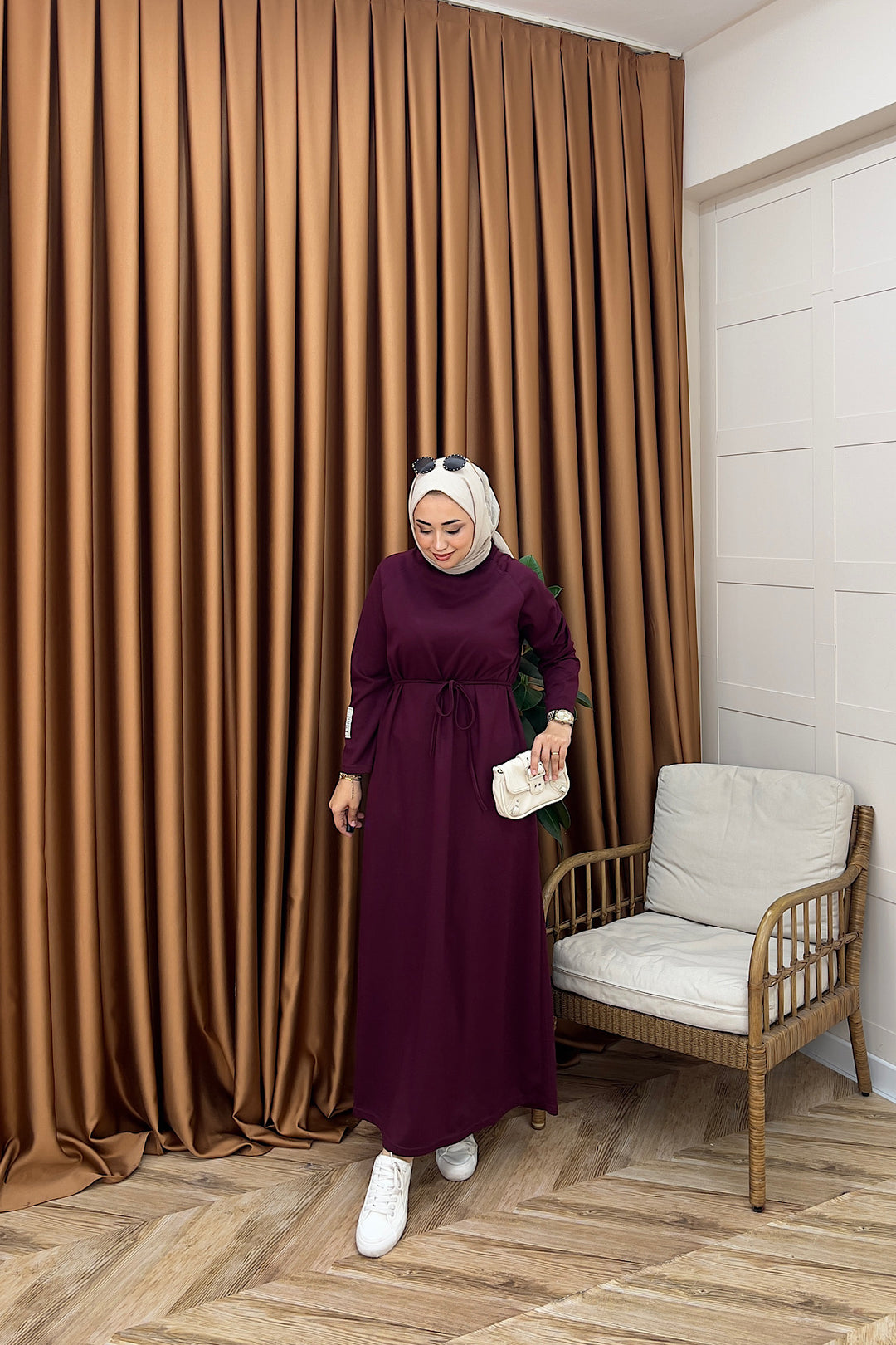 Romia Kuşaklı Elbise Bordo 005-BORDO