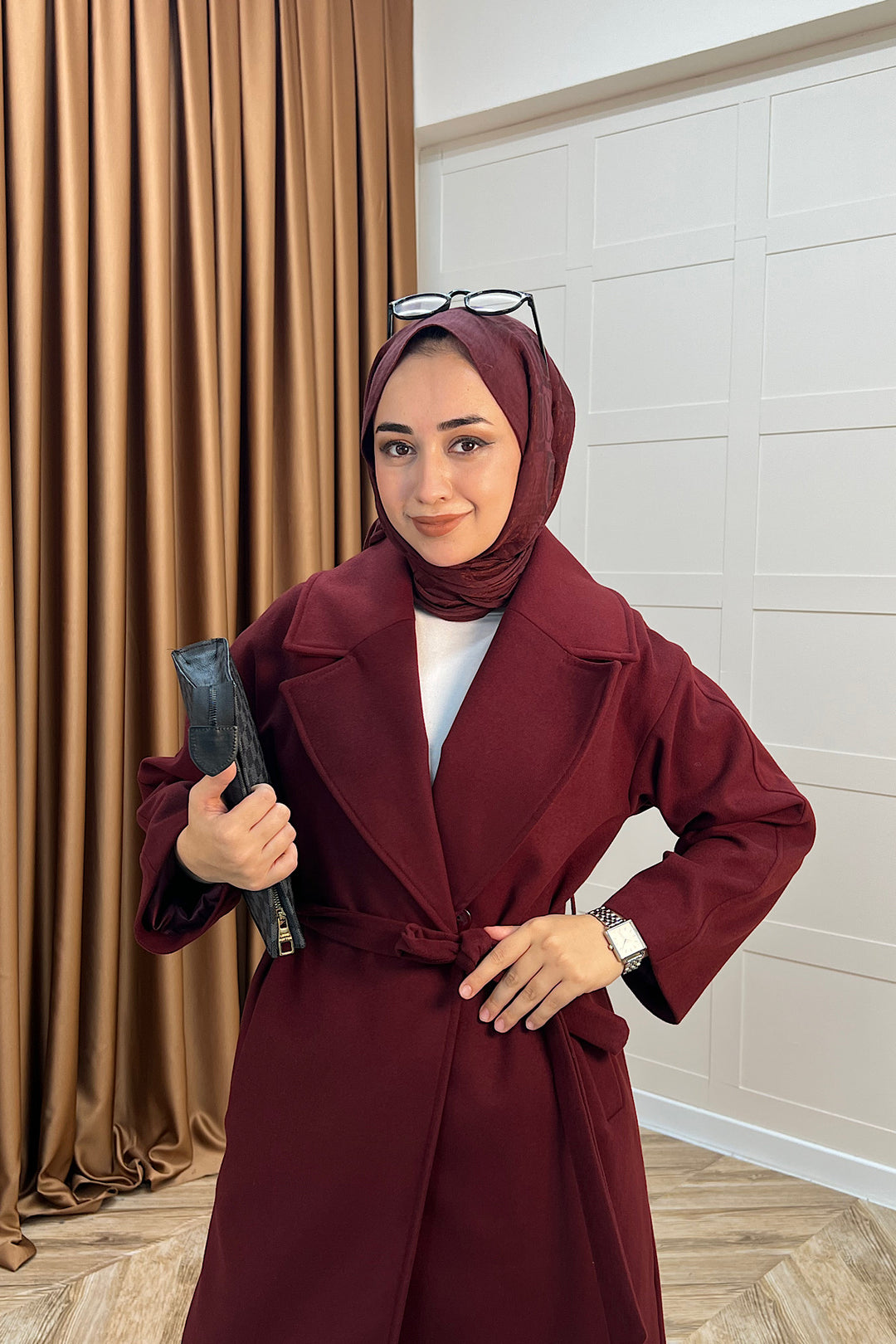 Retro Premium Kumaş Uzun Kaşe Kaban Bordo 5509-BORDO