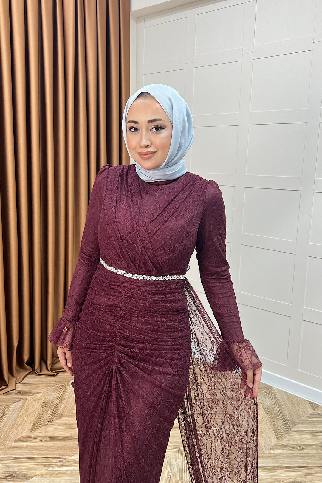 Sofia Taş Detay Dantel Abiye Bordo 3108-BORDO