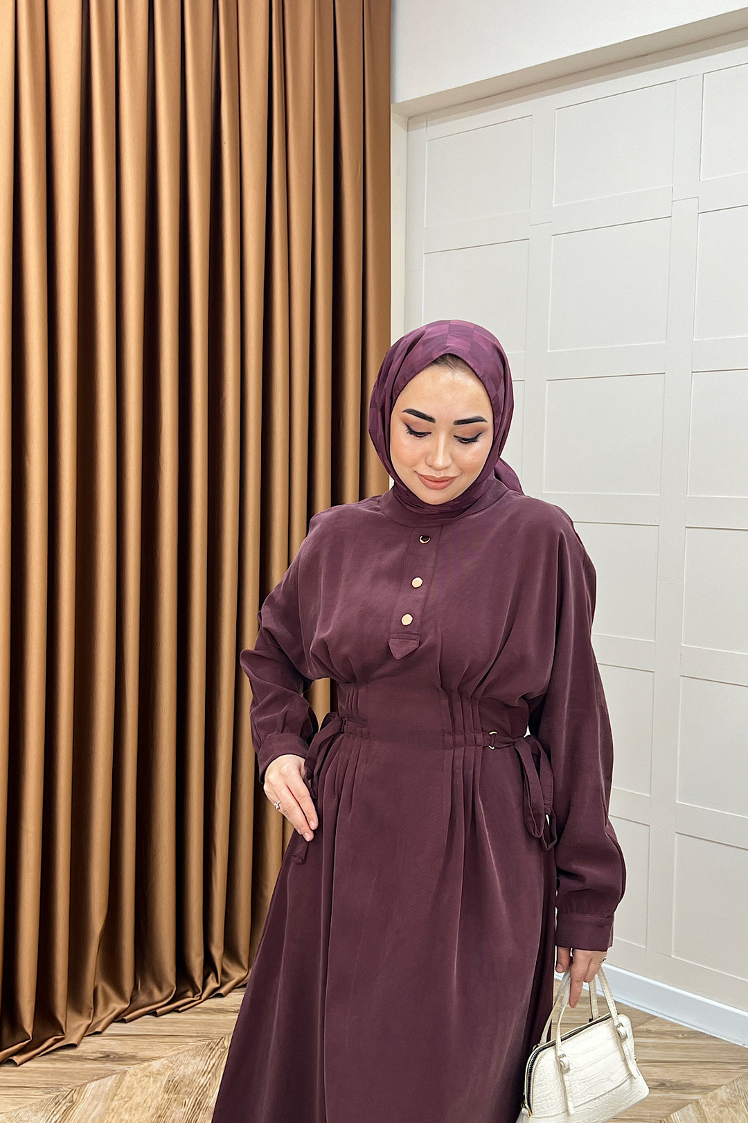 Maya Bel Detay Elbise Mürdüm 3034-MURDUM