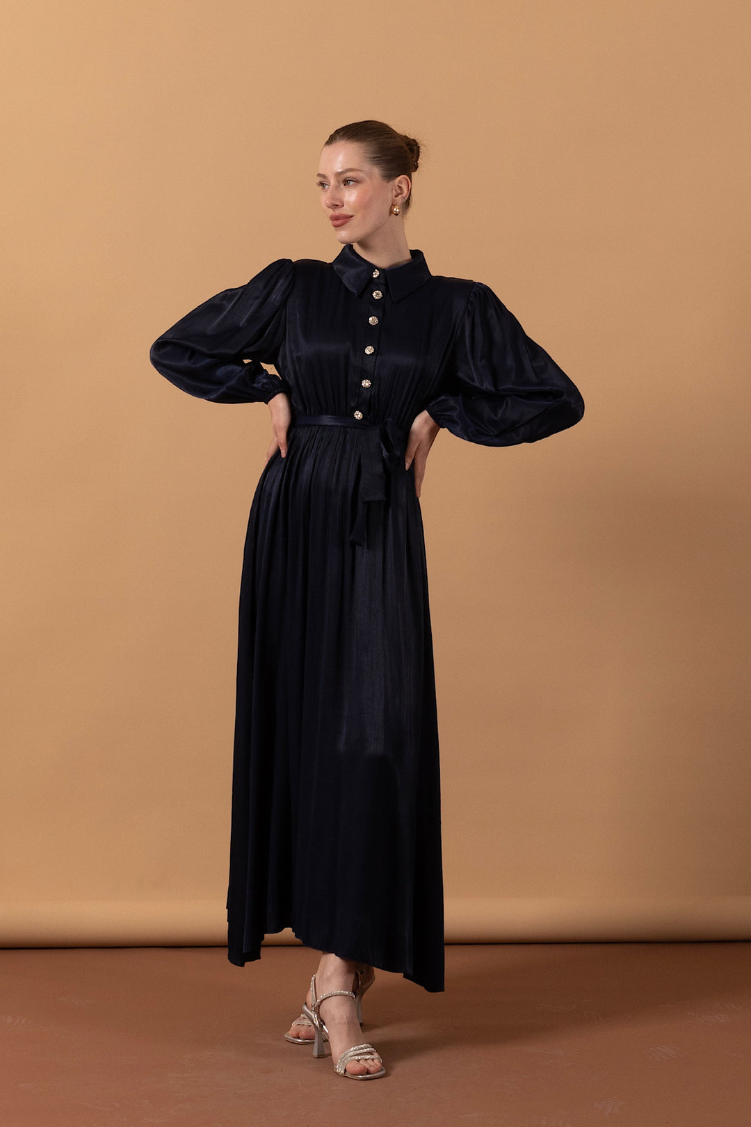 Belden Lastikli Yarım Düğme Elbise Lacivert 9591-LACIVERT