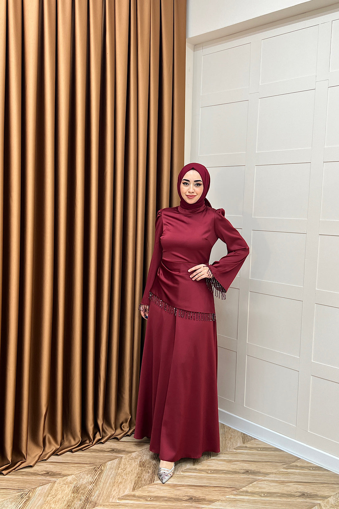 Ayla Saten Abiye Bordo 3093-BORDO