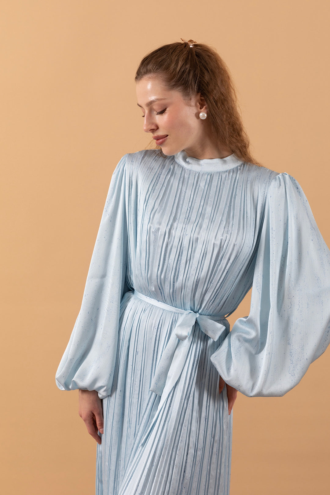 Pileli Saten Elbise Mavi 3003-MAVI