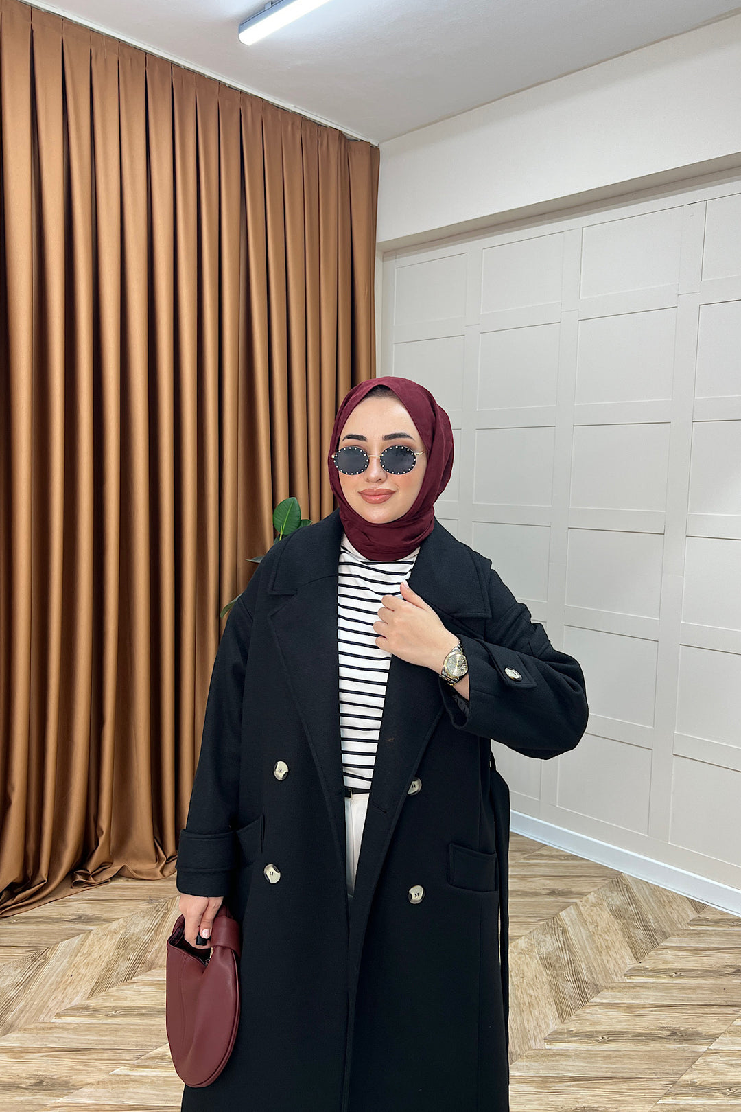 Lara Kuşaklı Kaşe Kaban Siyah 5541-SIYAH