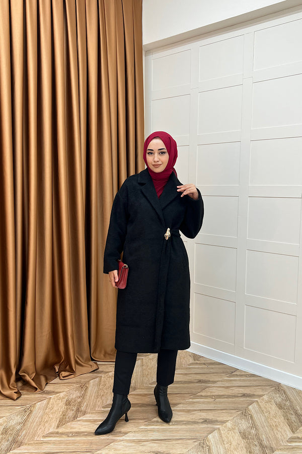 Yaren Premium Kumaş Broş Detay Kaban Siyah 5511-SIYAH