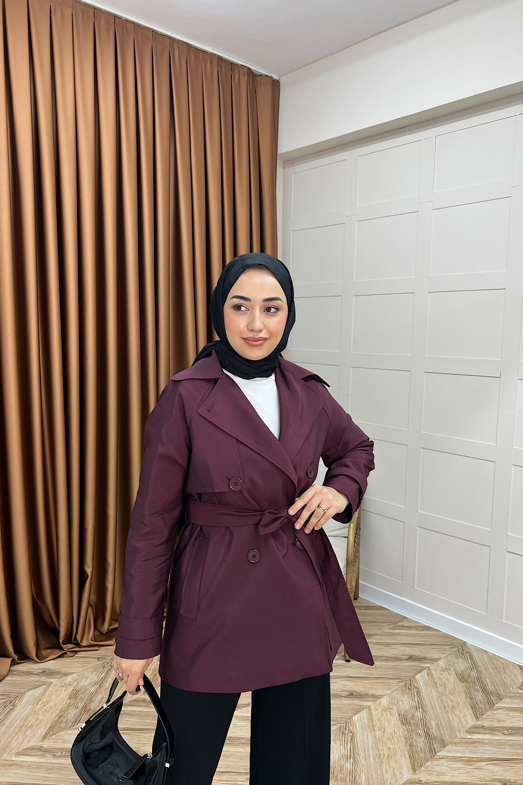 Elya Kuşaklı Trençkot Mürdüm 1006-MURDUM