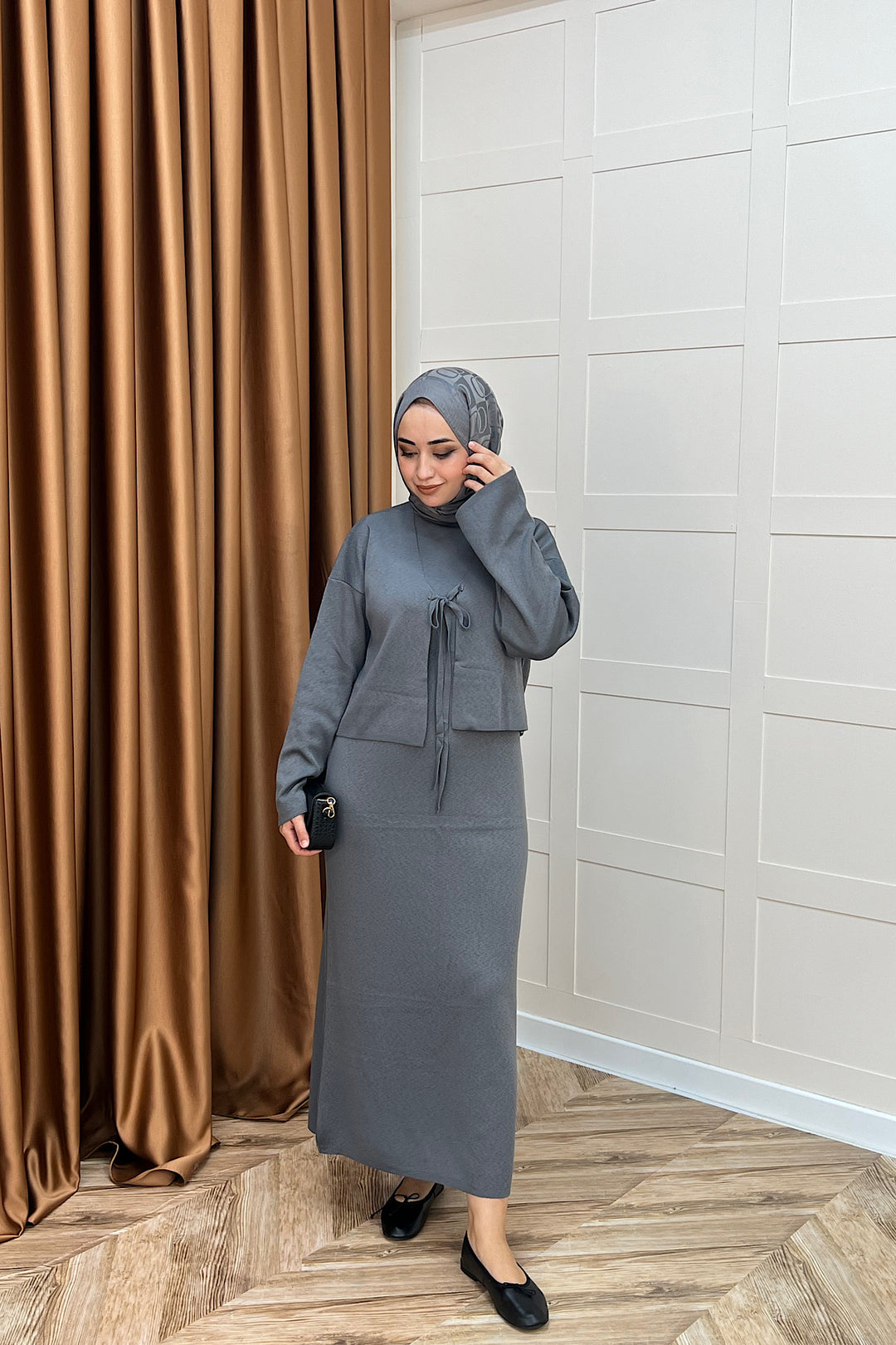 Ester Croplu İkili Triko Elbise Gri 25160-GRİ