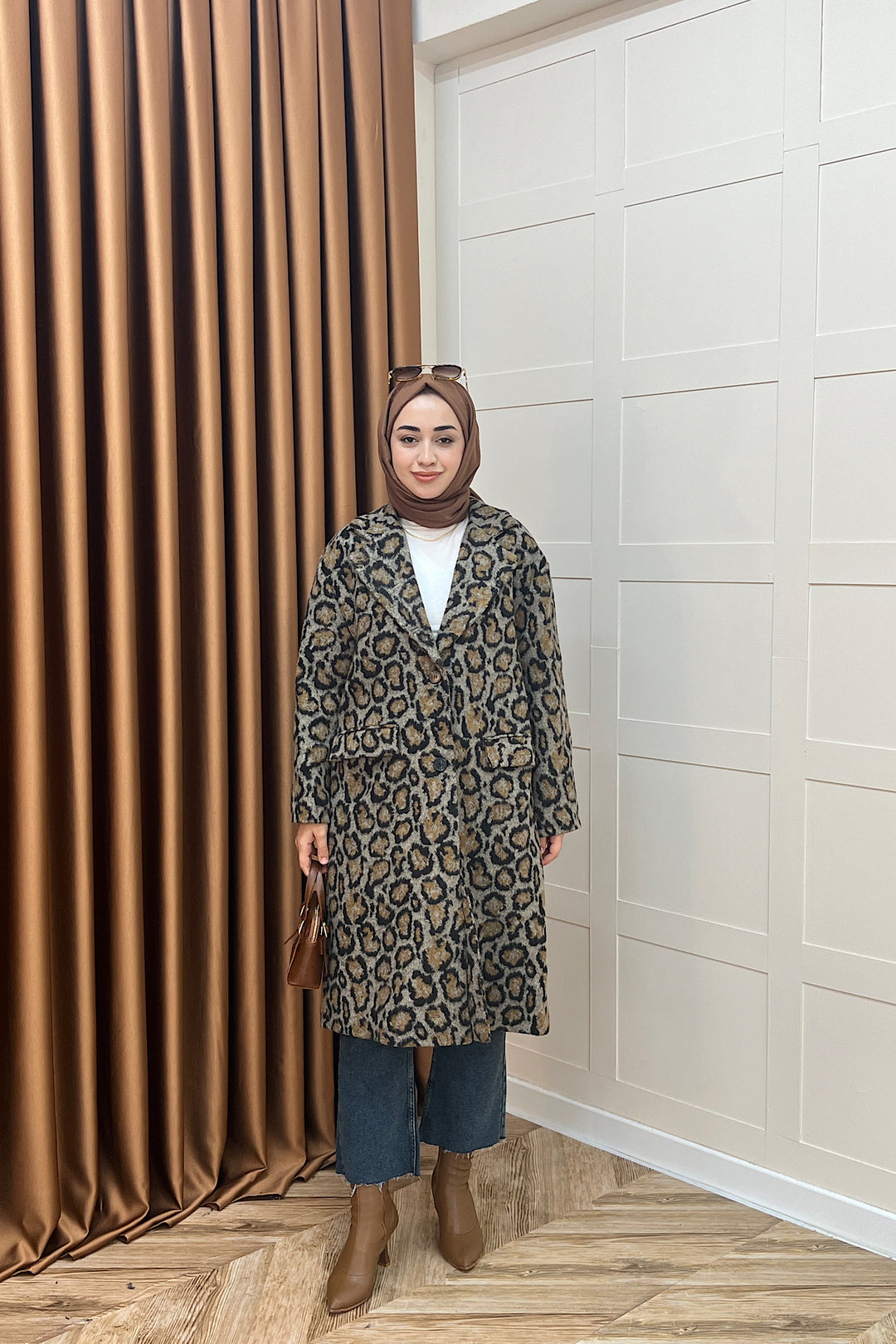 Leopar Desen Kaşe Kaban Kahverengi 2033-KAHVERENGI