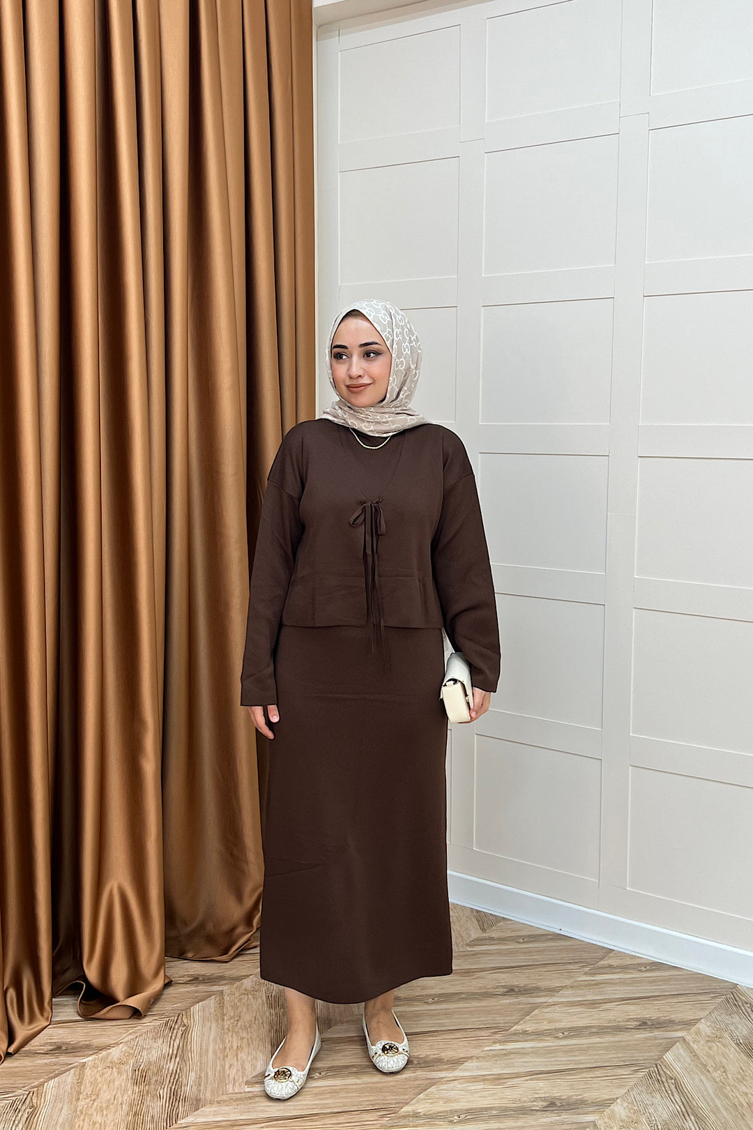 Ester Croplu İkili Triko Elbise Kahverengi 25160-KAHVERENGI