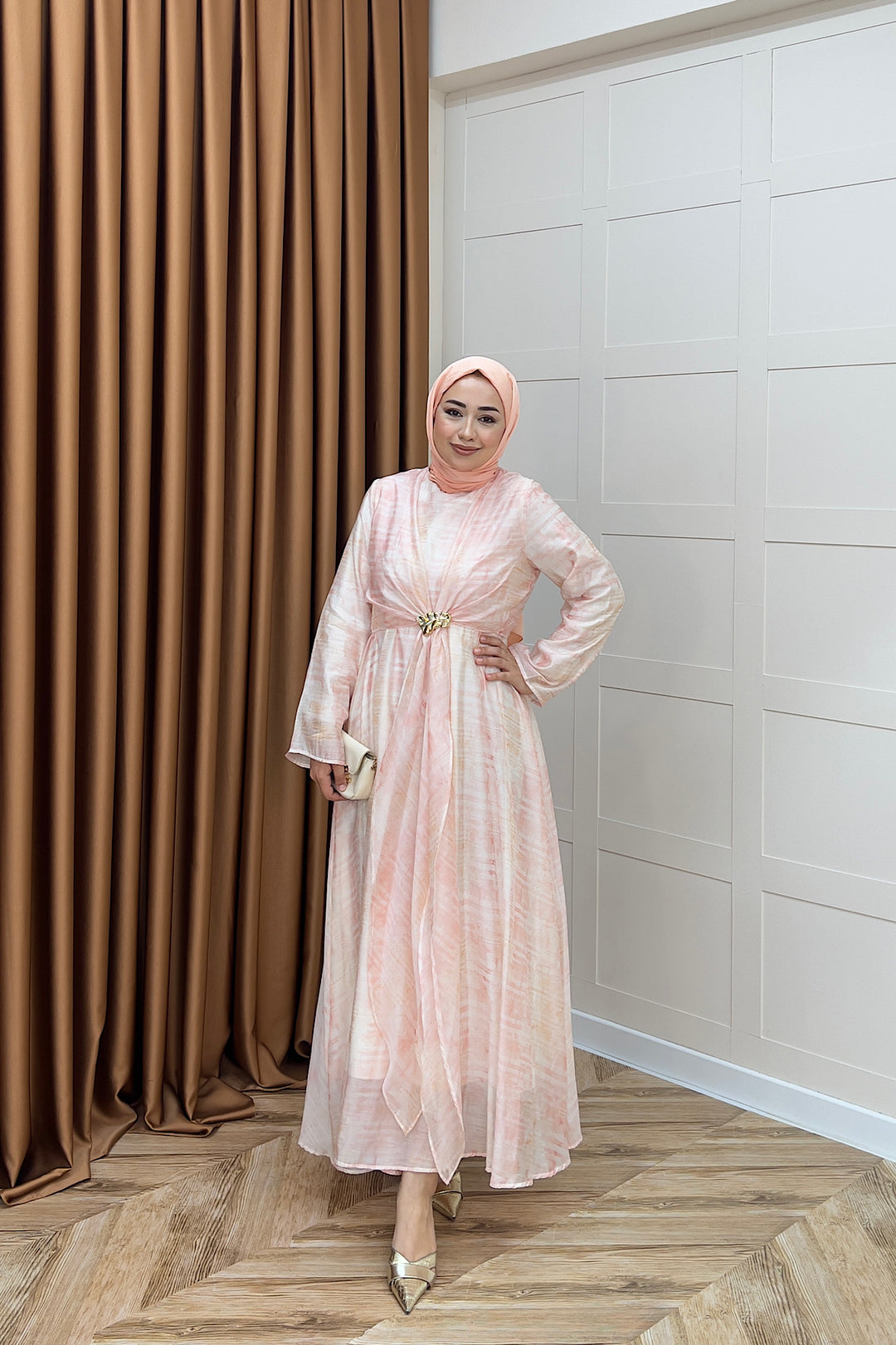 Liana Broş Detay Elbise Pembe 3104-PEMBE