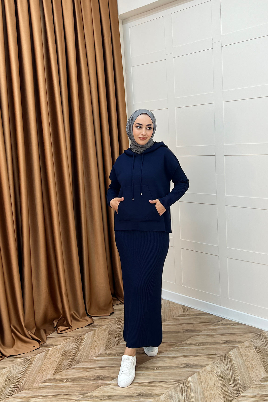 Üst Kapüşonlu İkili Triko Elbise Lacivert 25290-LACIVERT