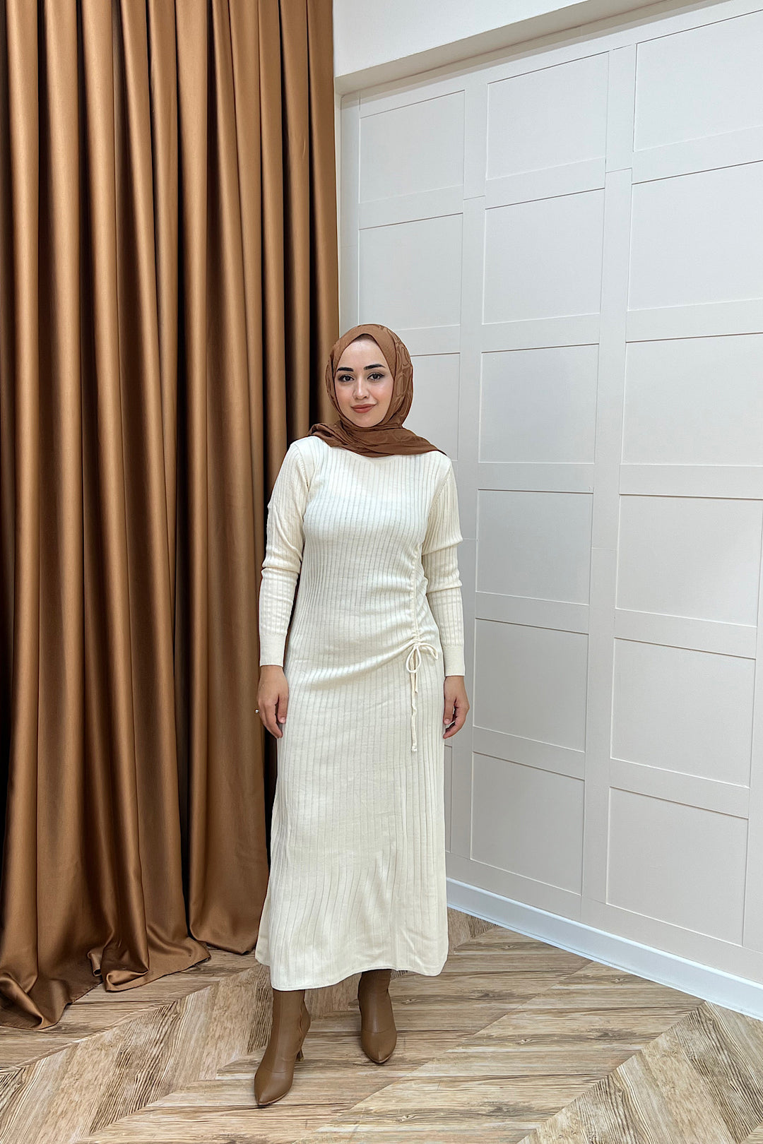 Yandan Büzgülü Triko Elbise Ekru 24870-EKRU