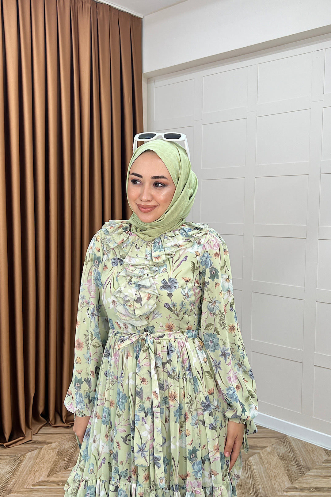Loreno Yaka Detay Elbise Yeşil 03054-YESIL