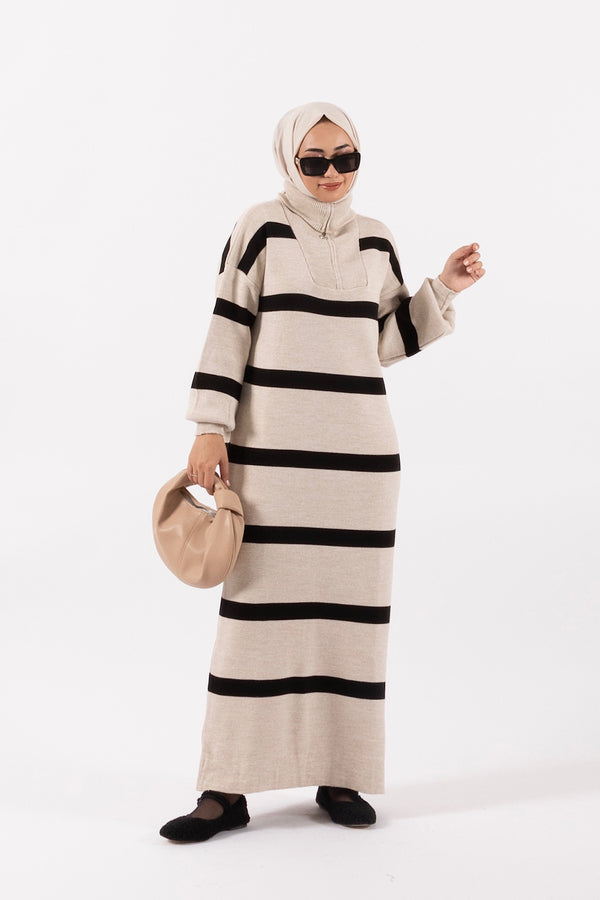 Liney Triko Elbise Krem/Siyah 24K1298-KREM/SIYAH
