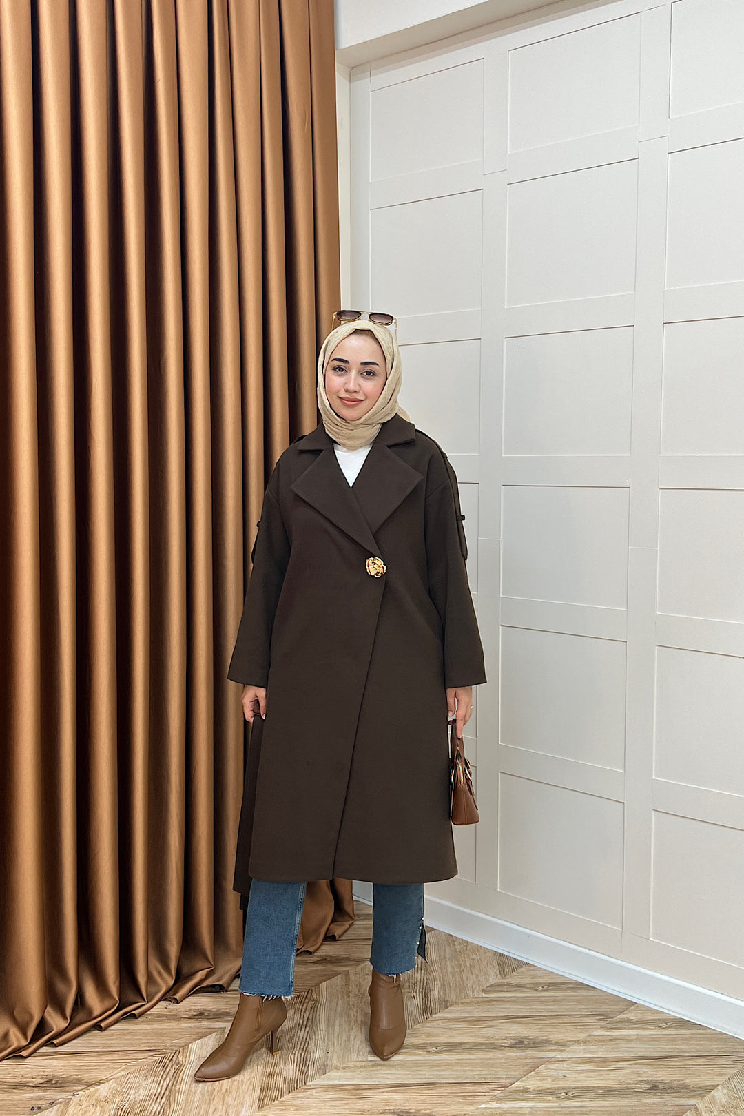 Parya Omuz Detay Kaşe Kaban Kahverengi 5531-KAHVERENGI