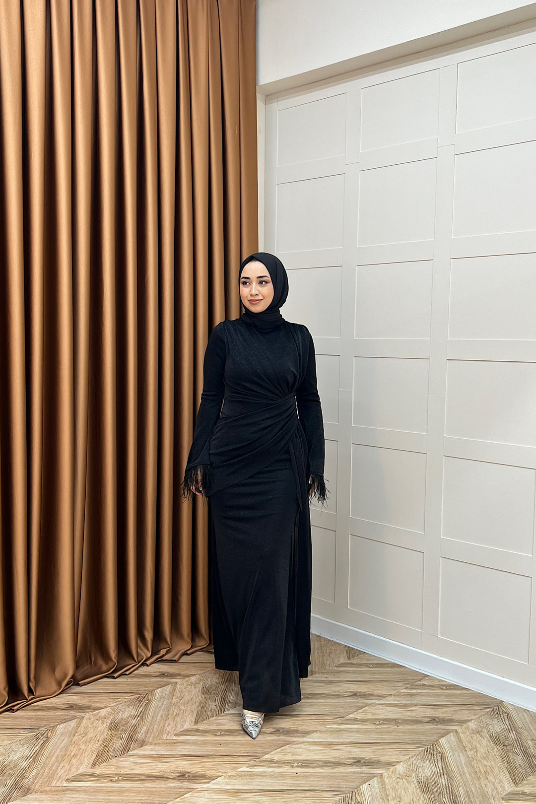 Rosalin Tüy Detay Abiye Siyah 3088-SIYAH