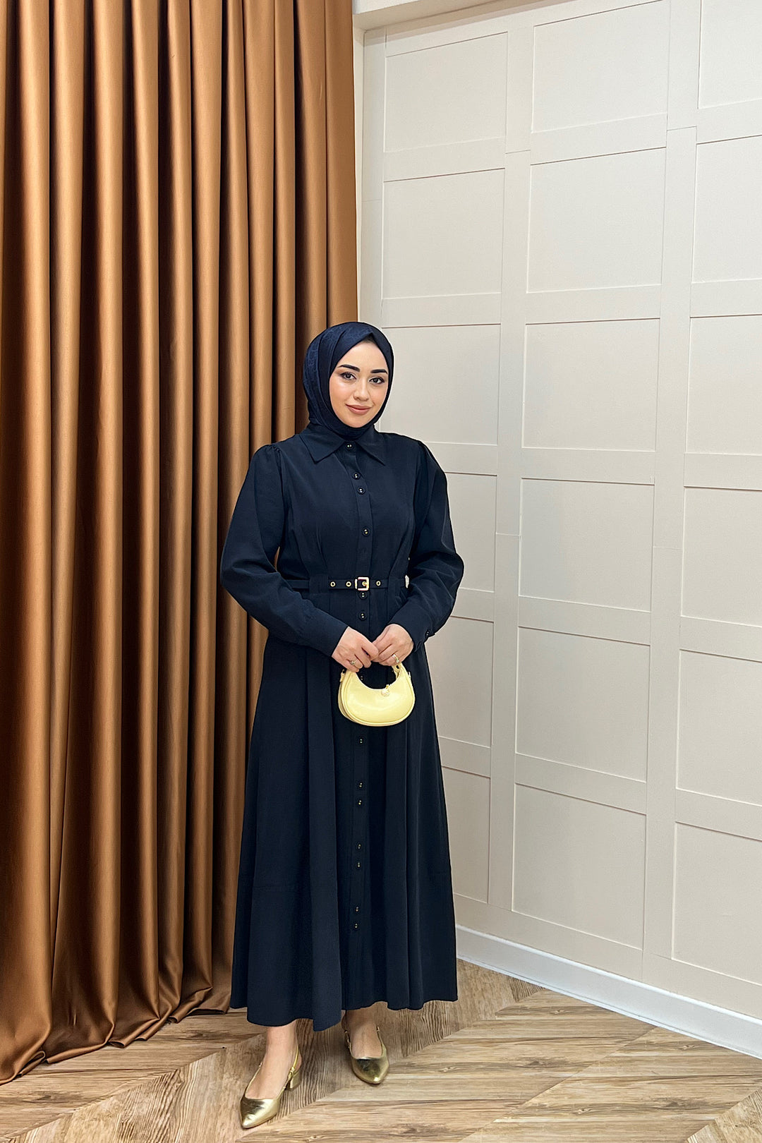 Nisa Boydan Düğmeli Elbise Lacivert 3000-LACIVERT