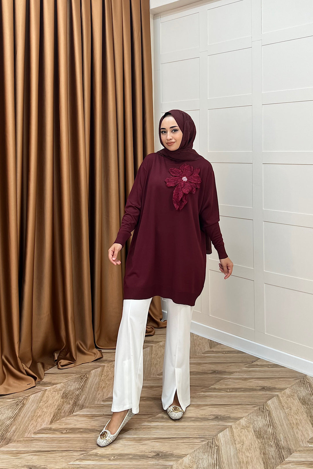 Merserize Çiçekli Triko Tunik Bordo 2550-BORDO