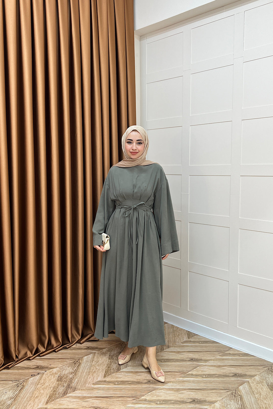 Belden Bağlamalı Cupra Elbise Yeşil 5013-YESIL