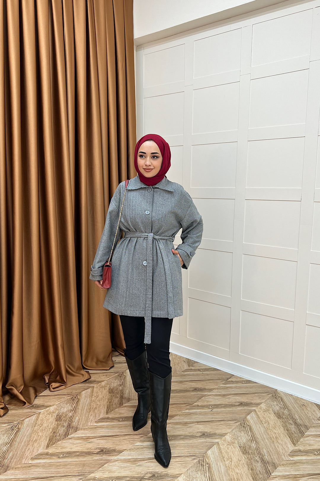 Bensu Kuşaklı Kaşe Kaban Gri 5518-GRI