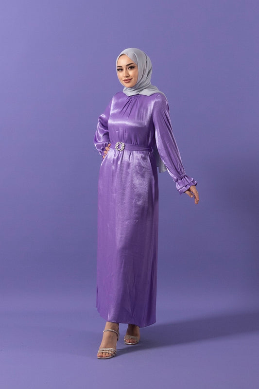 Taş Tokalı Saten Elbise Lila 3009-LILA