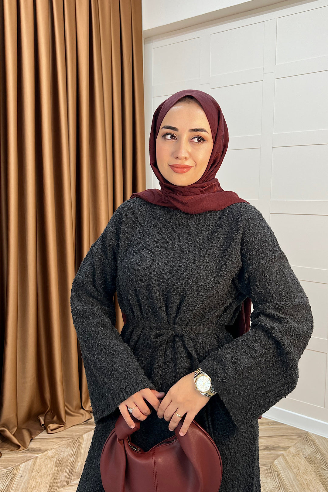 Yumoş Sim Karışımlı Salaş Triko Elbise Antrasit 252500-ANTRASIT