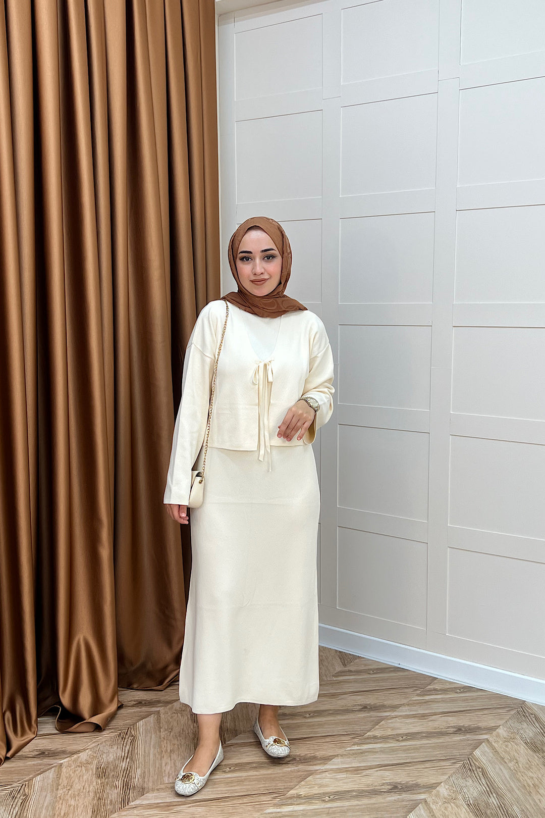 Ester Croplu İkili Triko Elbise Krem 25160-KREM