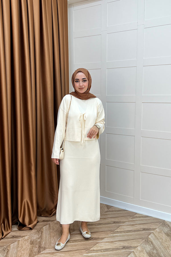 Ester Croplu İkili Triko Elbise Krem 25160-KREM