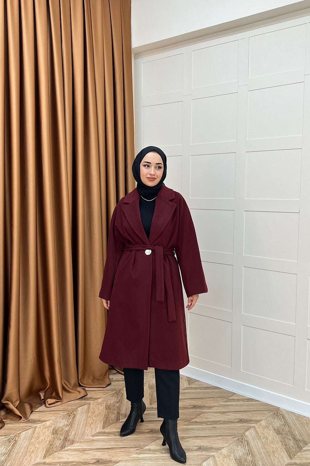 Yıldız Premium Kumaş Kuşaklı Kaban Bordo 5515-BORDO